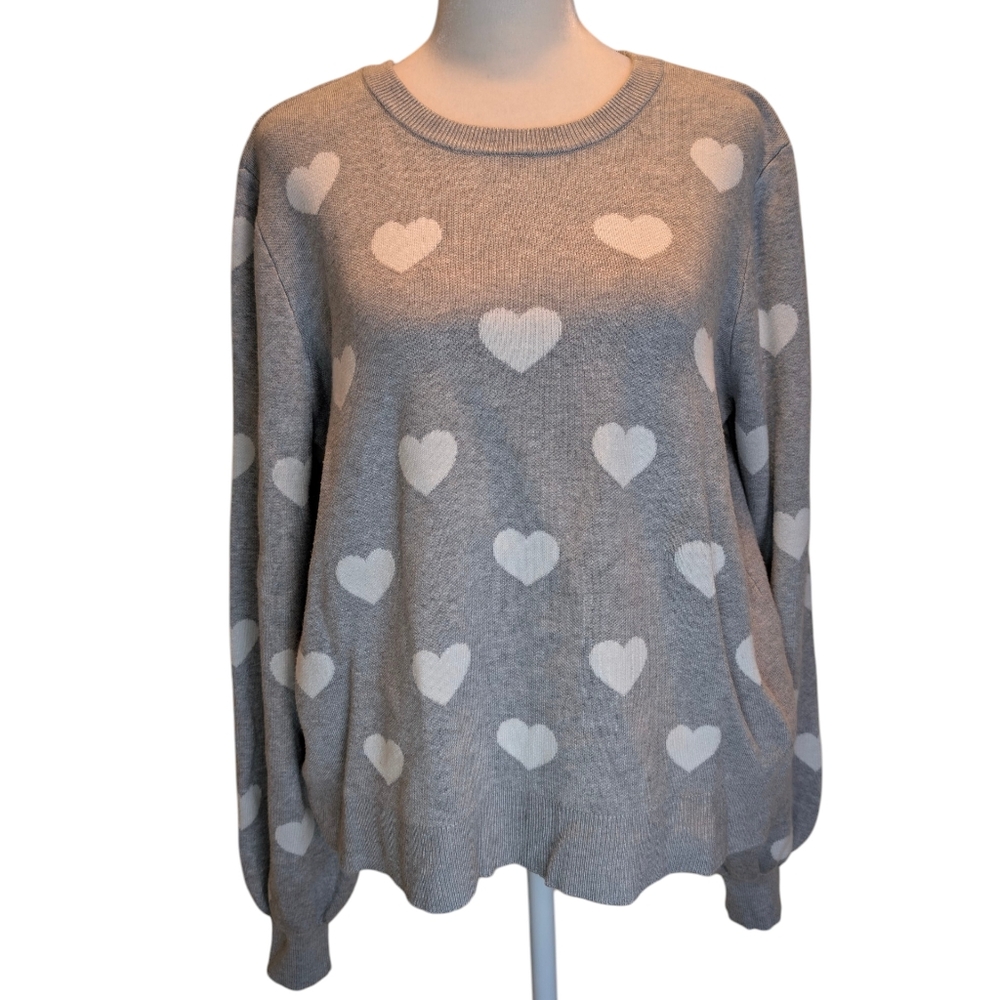 Marled Grey And White Heart Valentine Sweater, Size Large